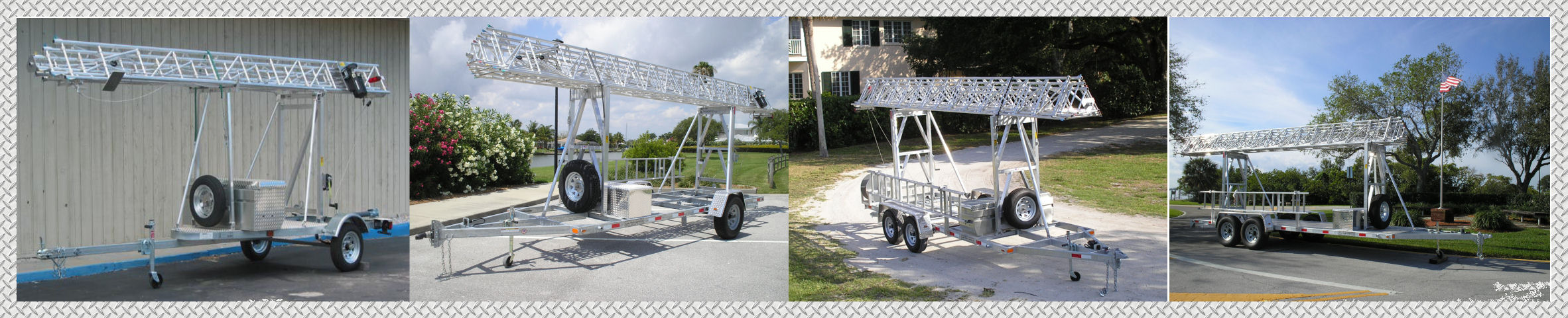Aluma aluminum telescoping tower-trailer-shelter system on wheels 