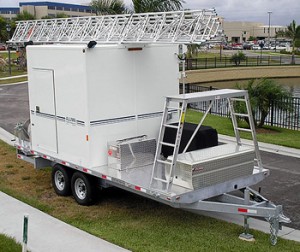 Aluma aluminum trailer tower on top of a white shelter on wheels 